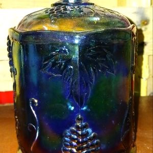 India blue carnival glass compote covered dish